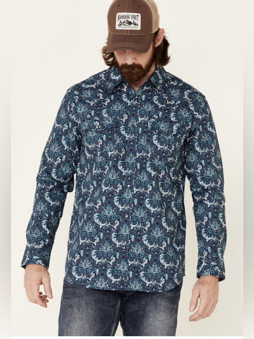 Moonshine Spirit Brad Paisley Western Pearl Snap Shirt M Blue Damask Scroll